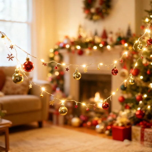 2.3m LED String Lights with Gold & Red Ornaments – Warm White Christmas Tree Decoration Lights