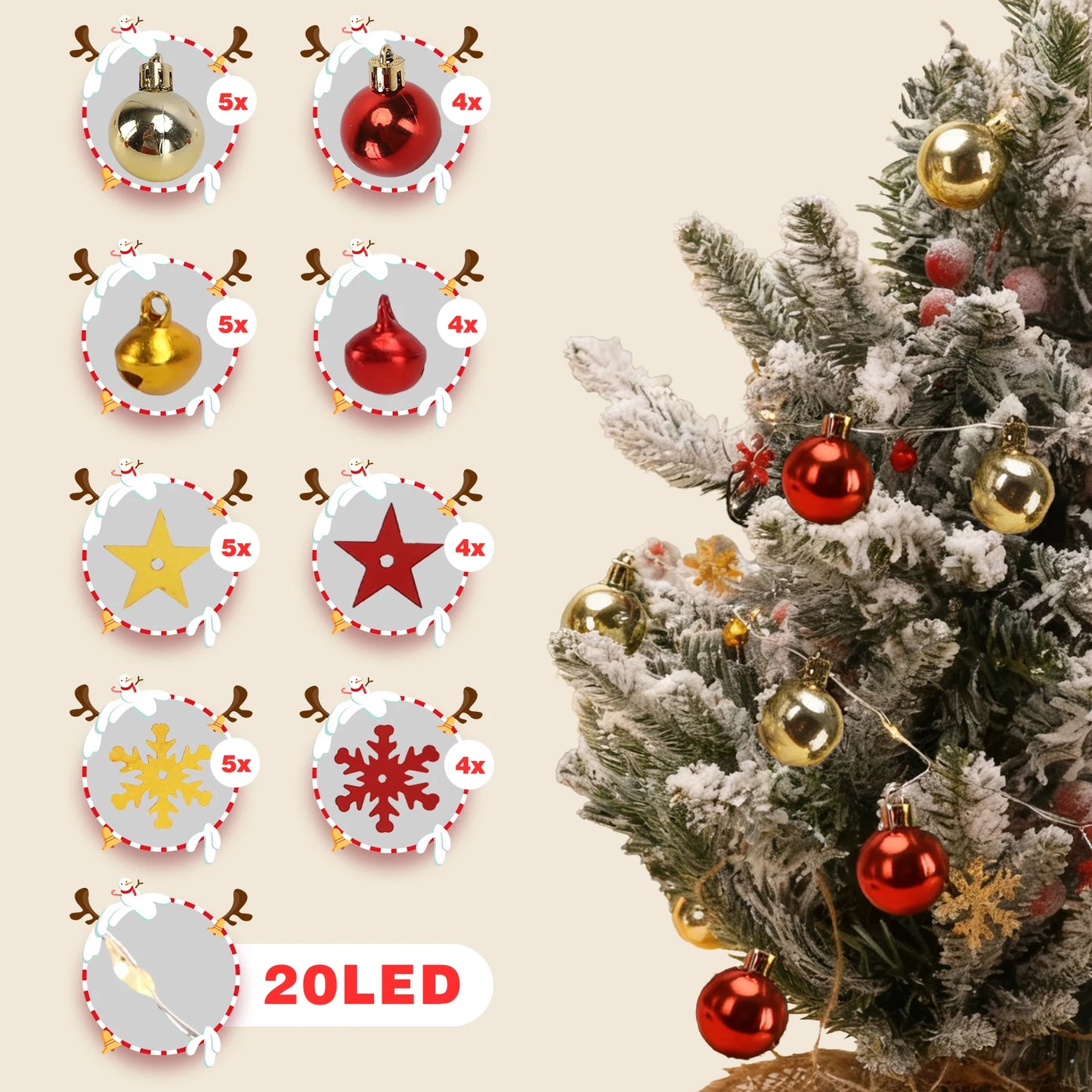 2.3m LED String Lights with Gold & Red Ornaments – Warm White Christmas Tree Decoration Lights