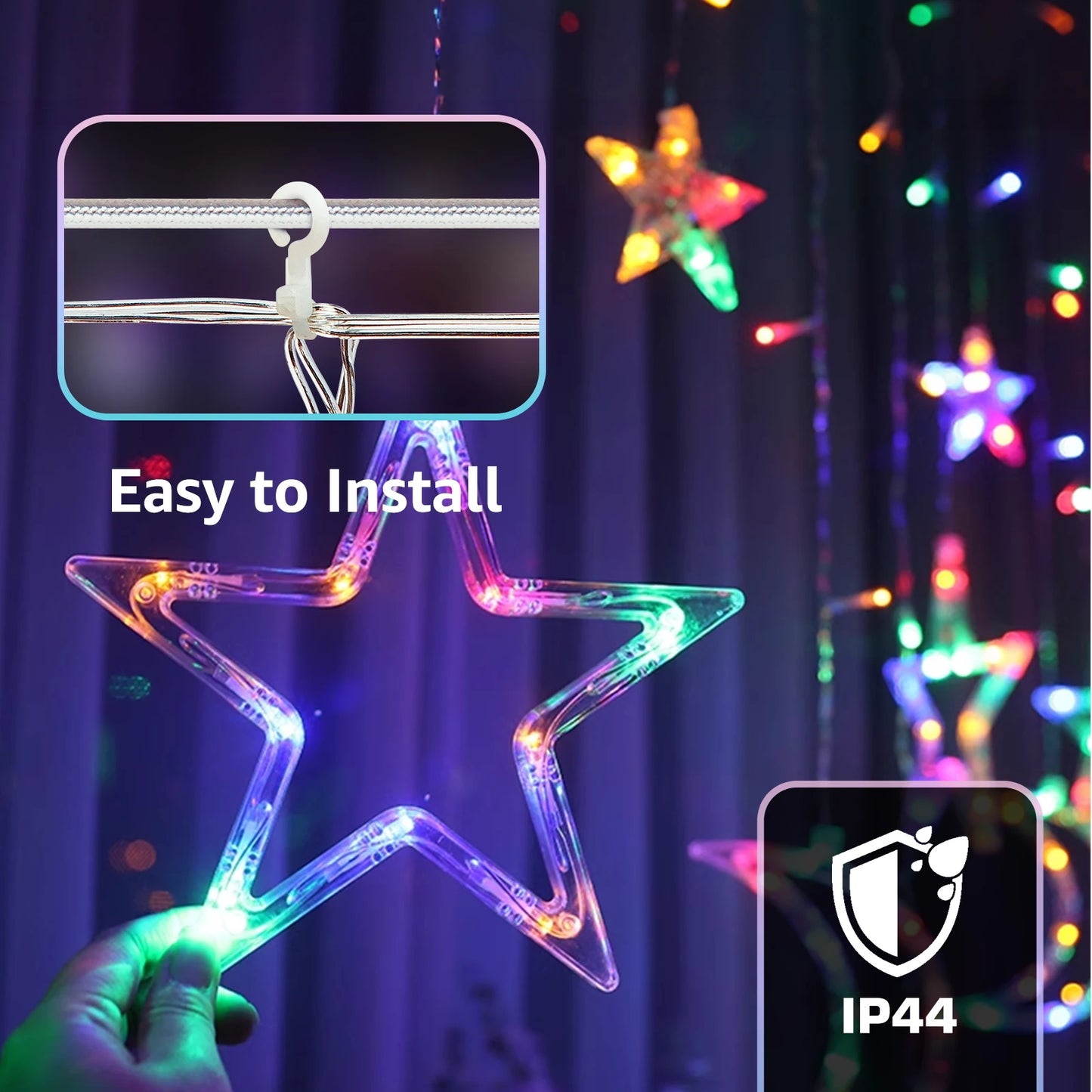 RGB Curtain String Lights with Stars & Moons – Remote Control 8 Modes, 3×3m Christmas Window Lights