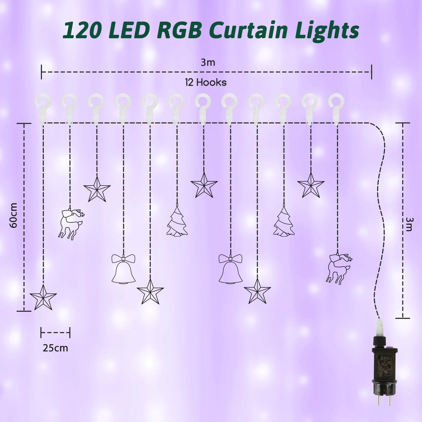 120 LED Warm White Curtain Lights – Remote Control String Lights with 8 Modes (3×0.6m)