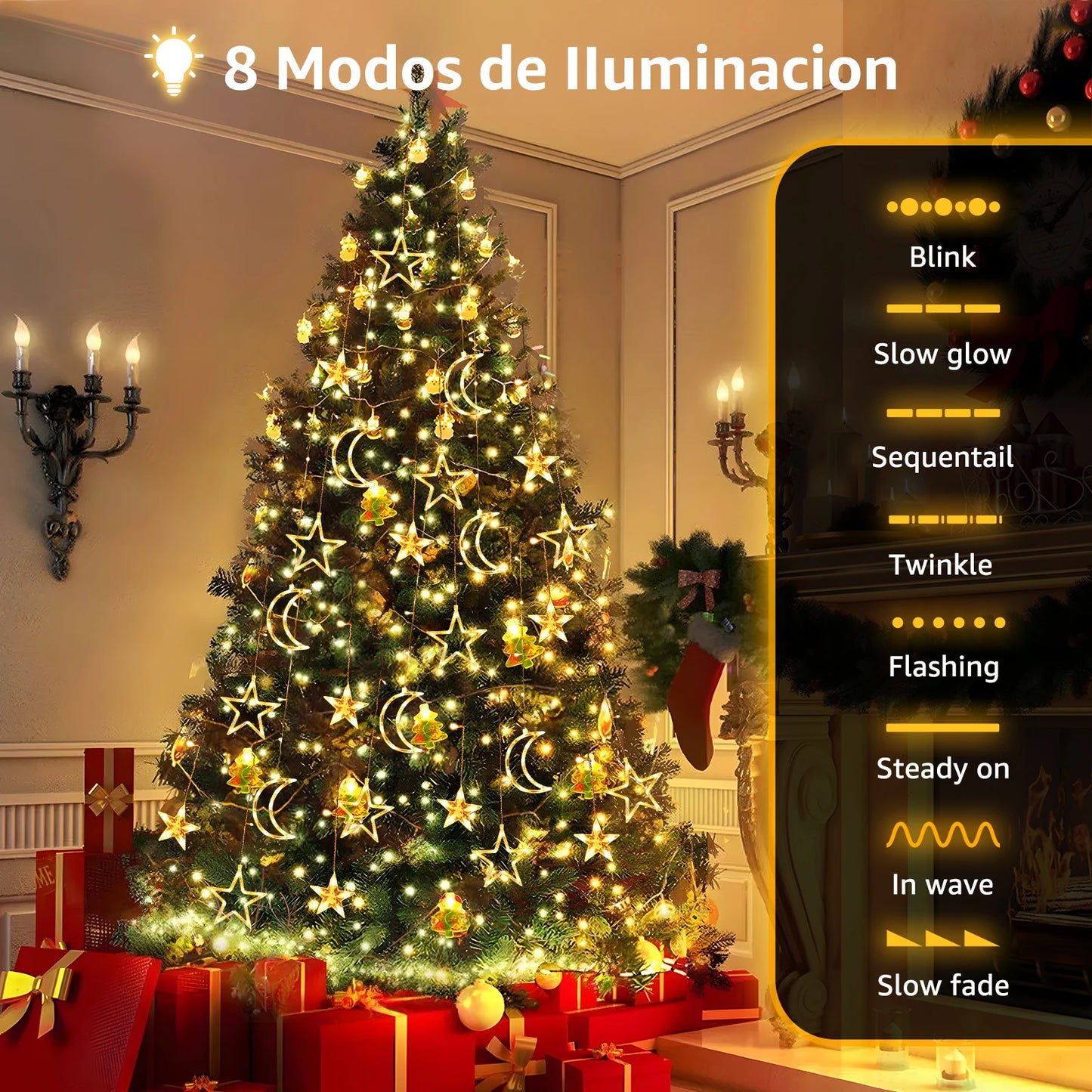 120 LED Star & Moon Curtain Lights – Soft White Fairy Lights for Bedroom, Party, or Holiday Decor