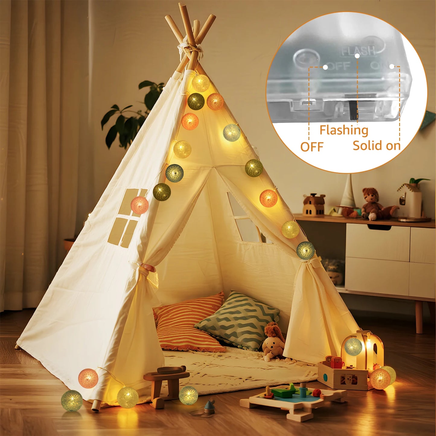 2.3m LED Cotton Ball String Lights β 10 Pastel Colors, Battery Operated Cozy Room Decor