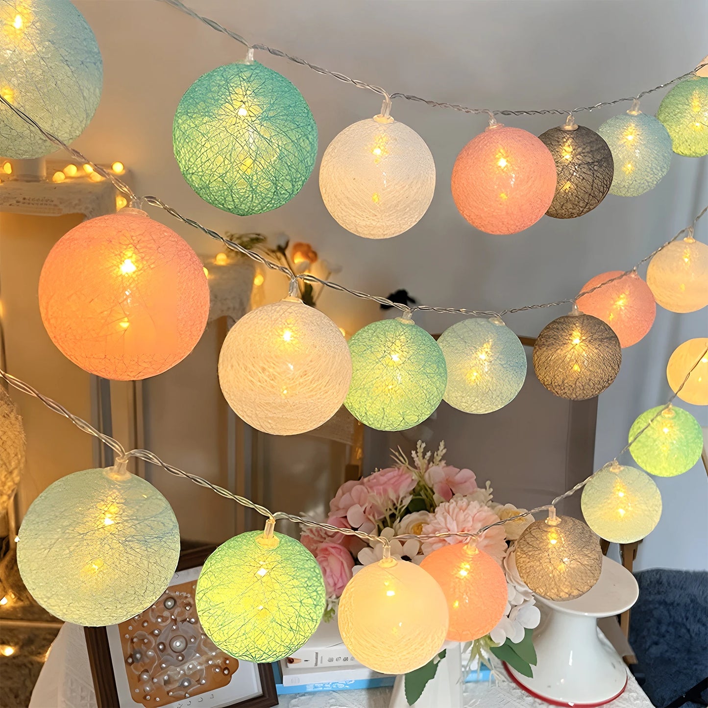 2.3m LED Cotton Ball String Lights β 10 Pastel Colors, Battery Operated Cozy Room Decor