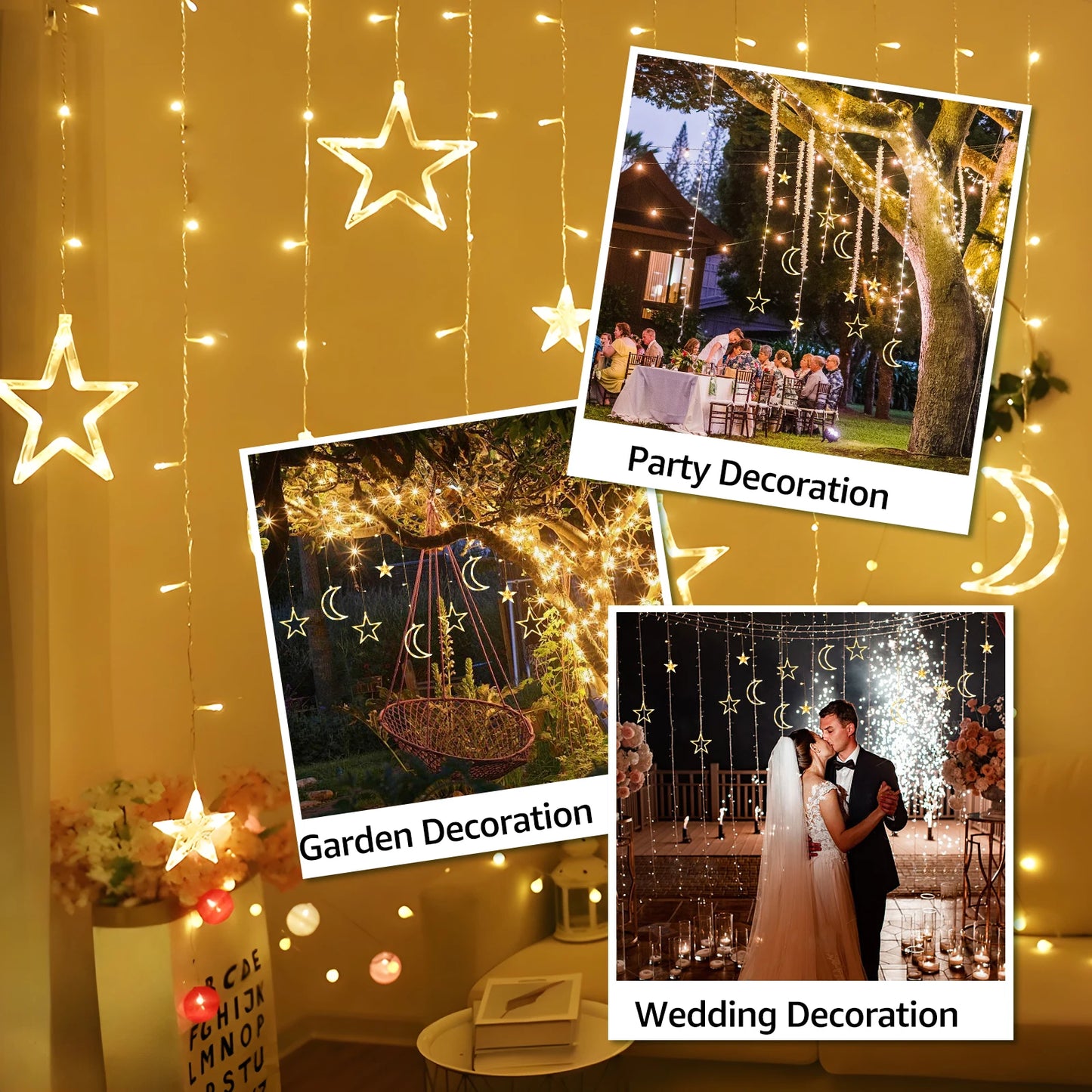 120 LED Star & Moon Curtain Lights – Soft White Fairy Lights for Bedroom, Party, or Holiday Decor