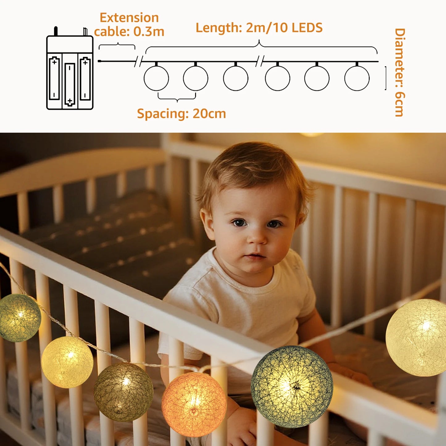 2.3m LED Cotton Ball String Lights β 10 Pastel Colors, Battery Operated Cozy Room Decor