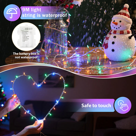 9m 300 LED Multicolor Copper String Lights – Battery Operated Fairy Lights with Timer