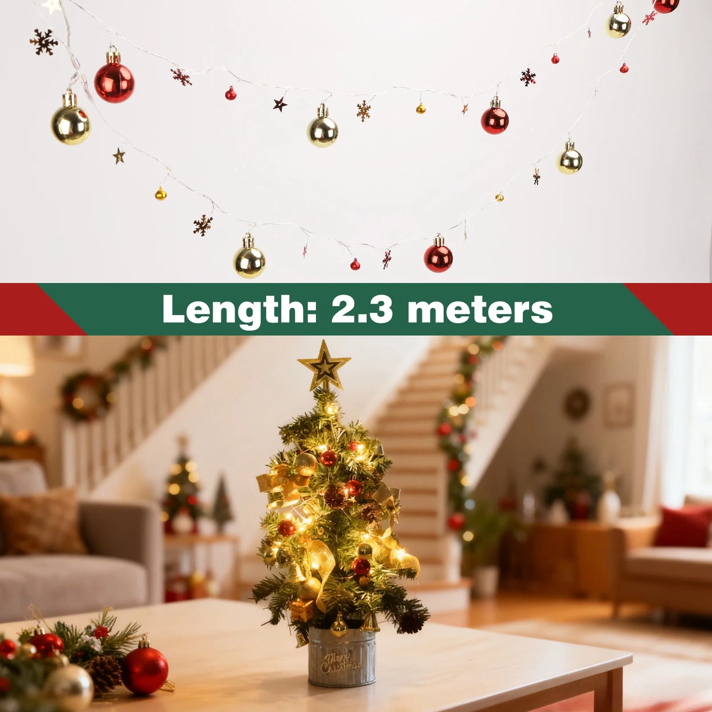 2.3m LED String Lights with Gold & Red Ornaments – Warm White Christmas Tree Decoration Lights