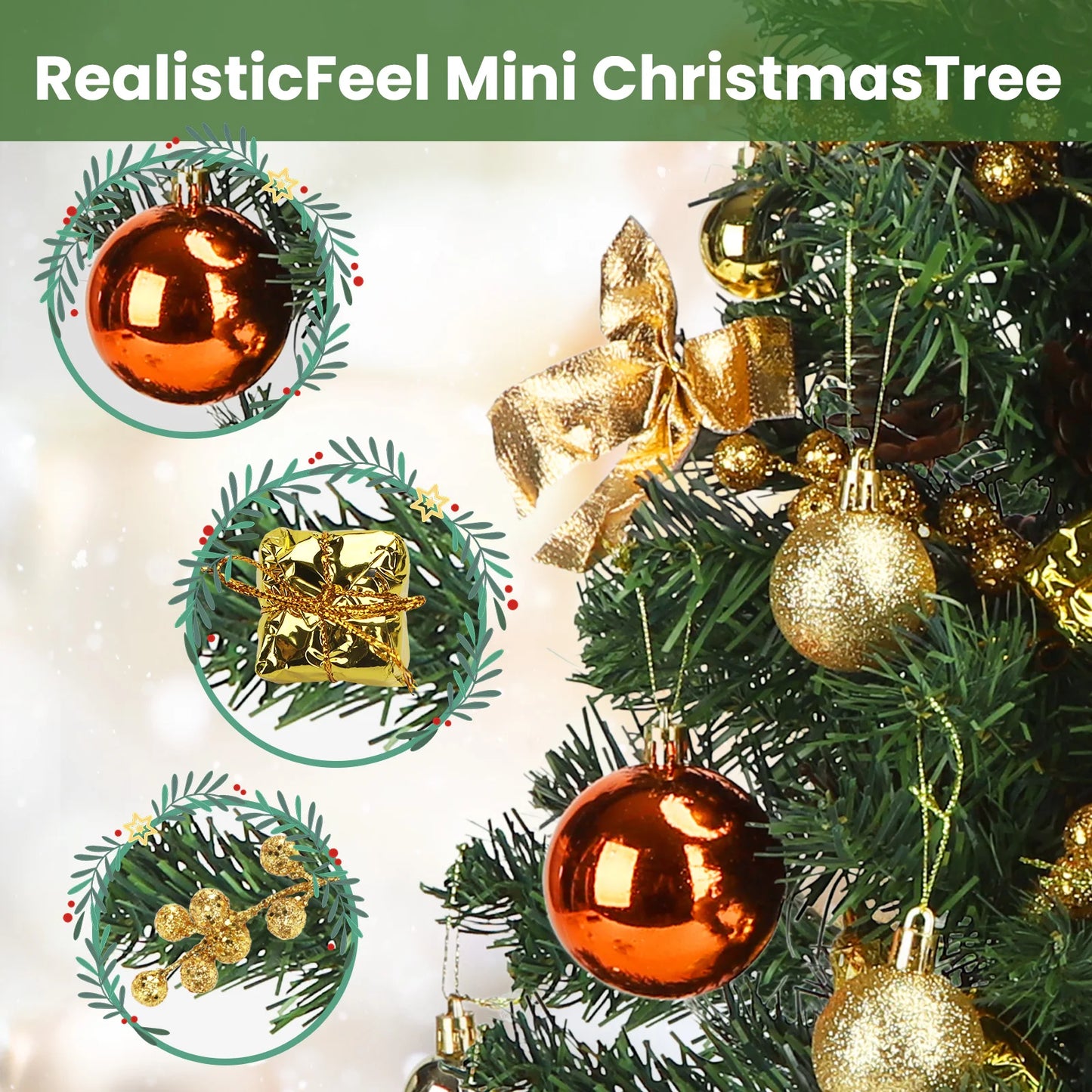 60cm Pre-Lit Mini Christmas Tree with 48 Hanging Ornaments – Ready to Decorate Tabletop Tree