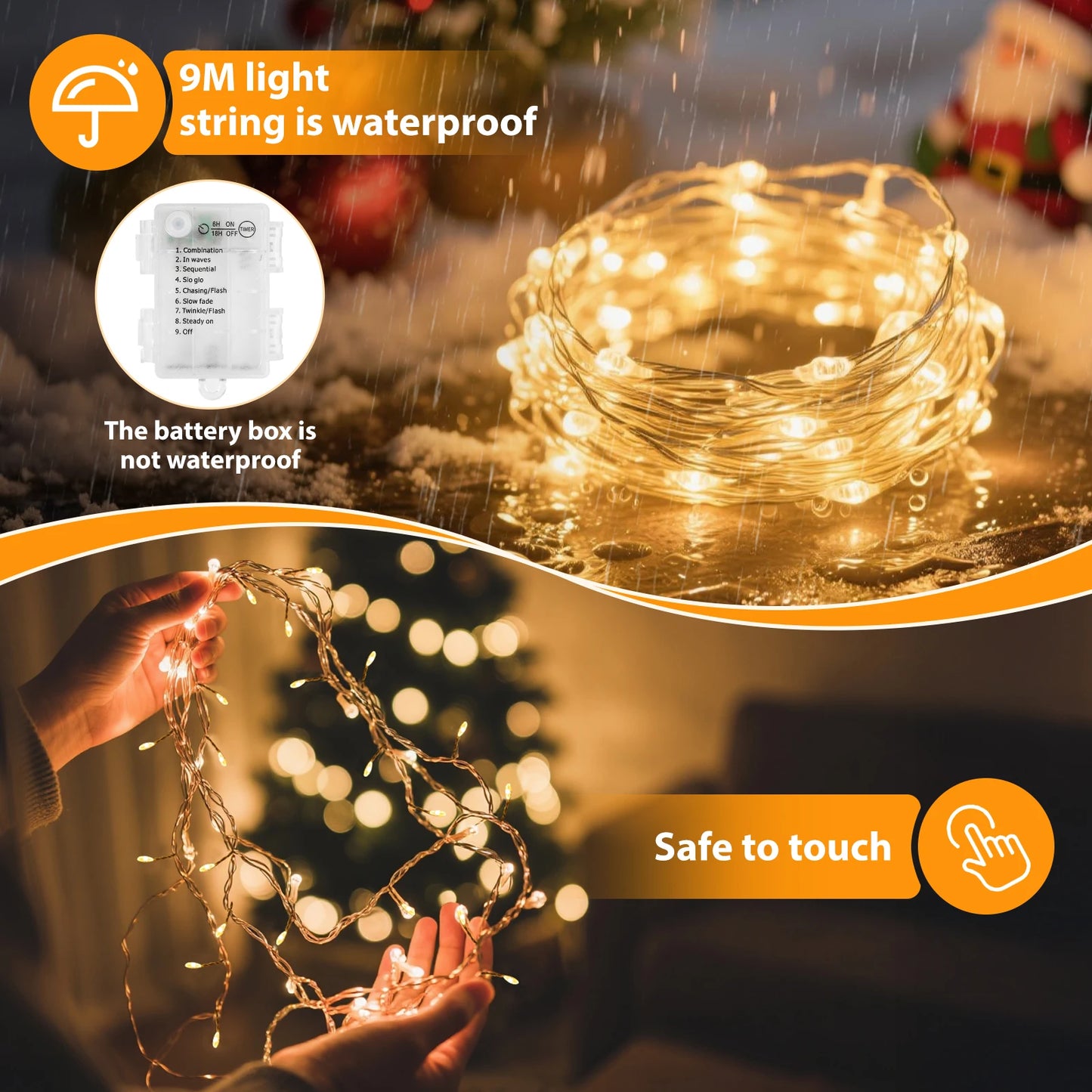 9m 300 LED Warm White Copper String Lights – Battery Operated Fairy Lights with 8 Modes