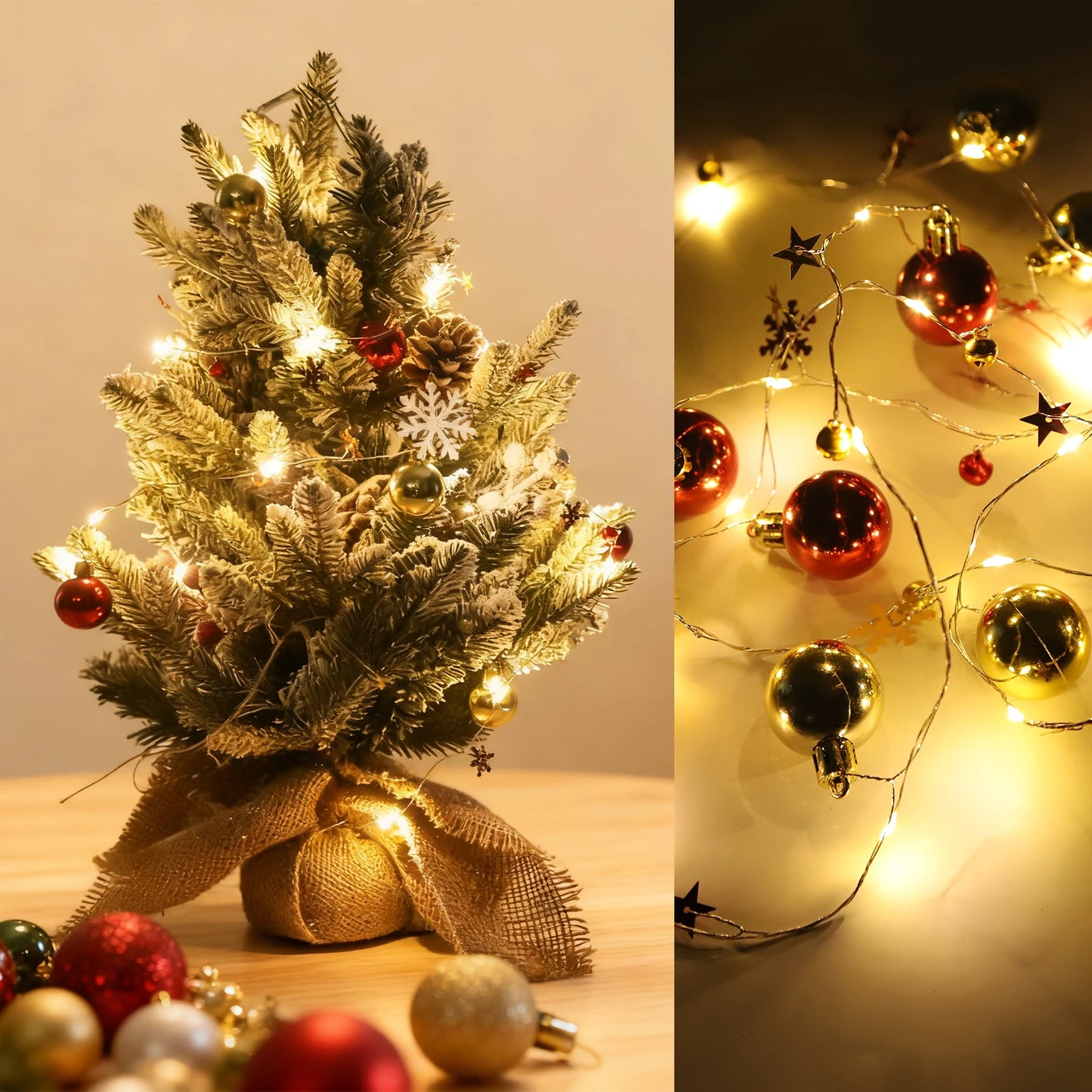 2.3m LED String Lights with Gold & Red Ornaments – Warm White Christmas Tree Decoration Lights