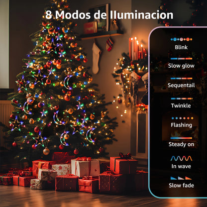RGB Curtain String Lights with Stars & Moons – Remote Control 8 Modes, 3×3m Christmas Window Lights