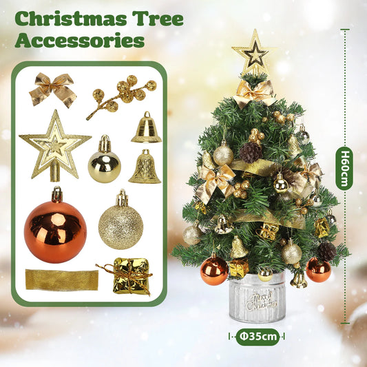 60cm Pre-Lit Mini Christmas Tree with 48 Hanging Ornaments – Ready to Decorate Tabletop Tree