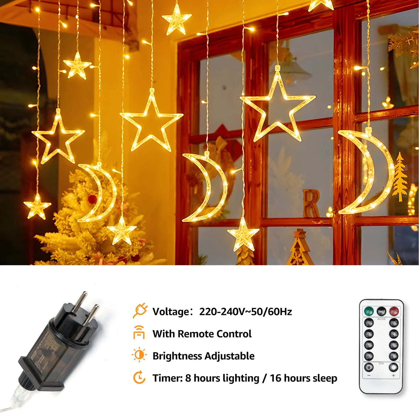 120 LED Star & Moon Curtain Lights – Soft White Fairy Lights for Bedroom, Party, or Holiday Decor