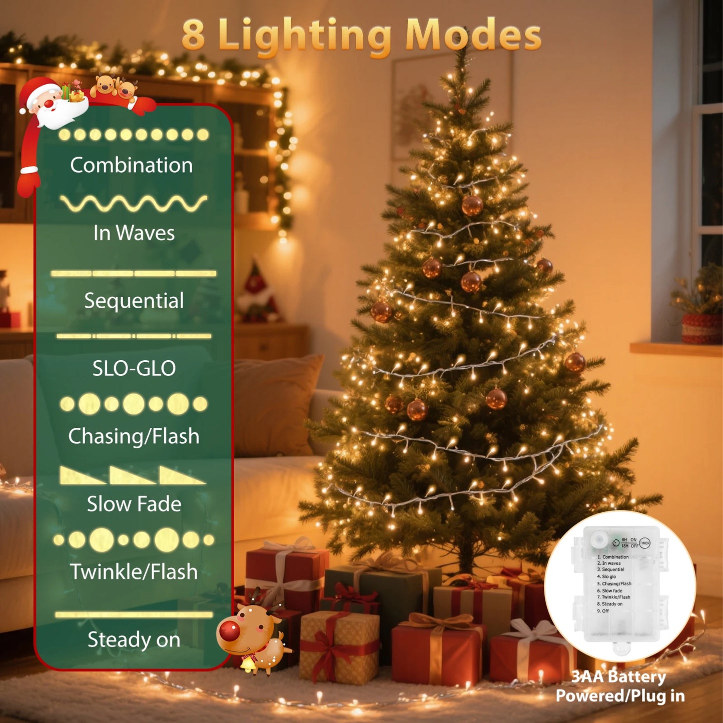 9m 300 LED Warm White Copper String Lights – Battery Operated Fairy Lights with 8 Modes