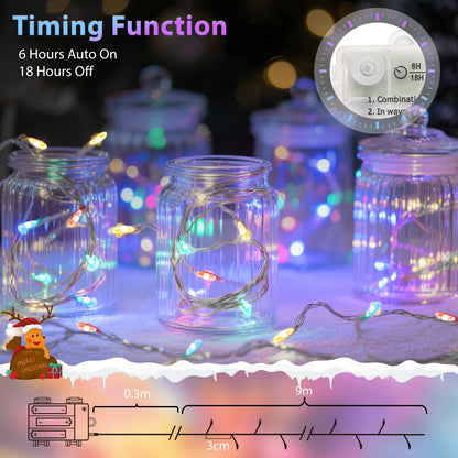 9m 300 LED Multicolor Copper String Lights – Battery Operated Fairy Lights with Timer