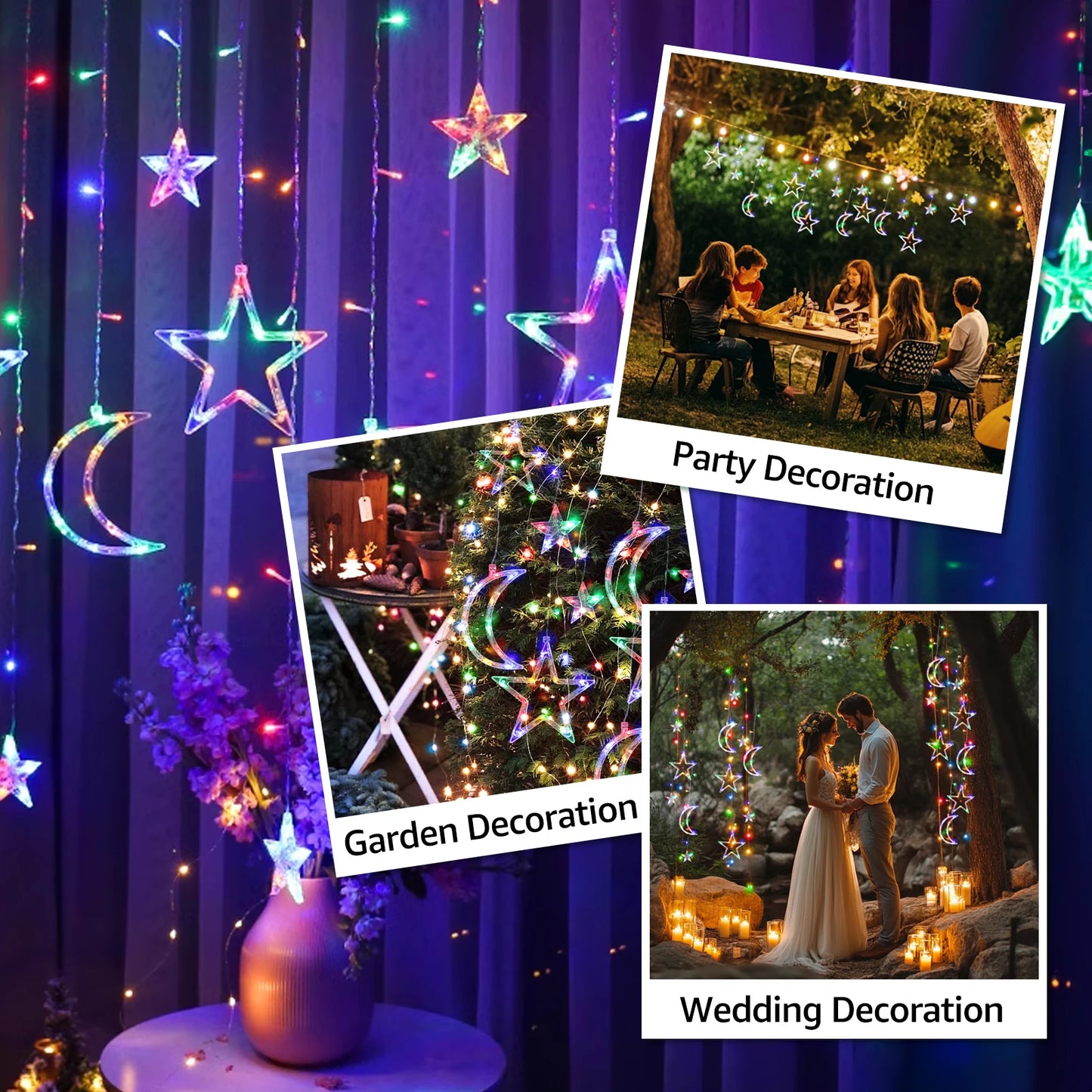 RGB Curtain String Lights with Stars & Moons – Remote Control 8 Modes, 3×3m Christmas Window Lights