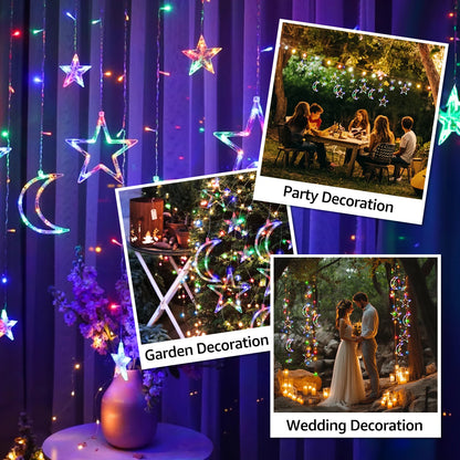 RGB Curtain String Lights with Stars & Moons – Remote Control 8 Modes, 3×3m Christmas Window Lights