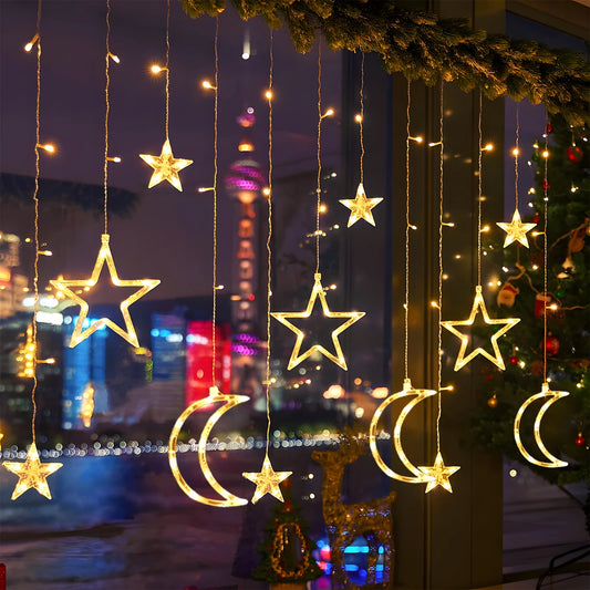120 LED Star & Moon Curtain Lights – Soft White Fairy Lights for Bedroom, Party, or Holiday Decor