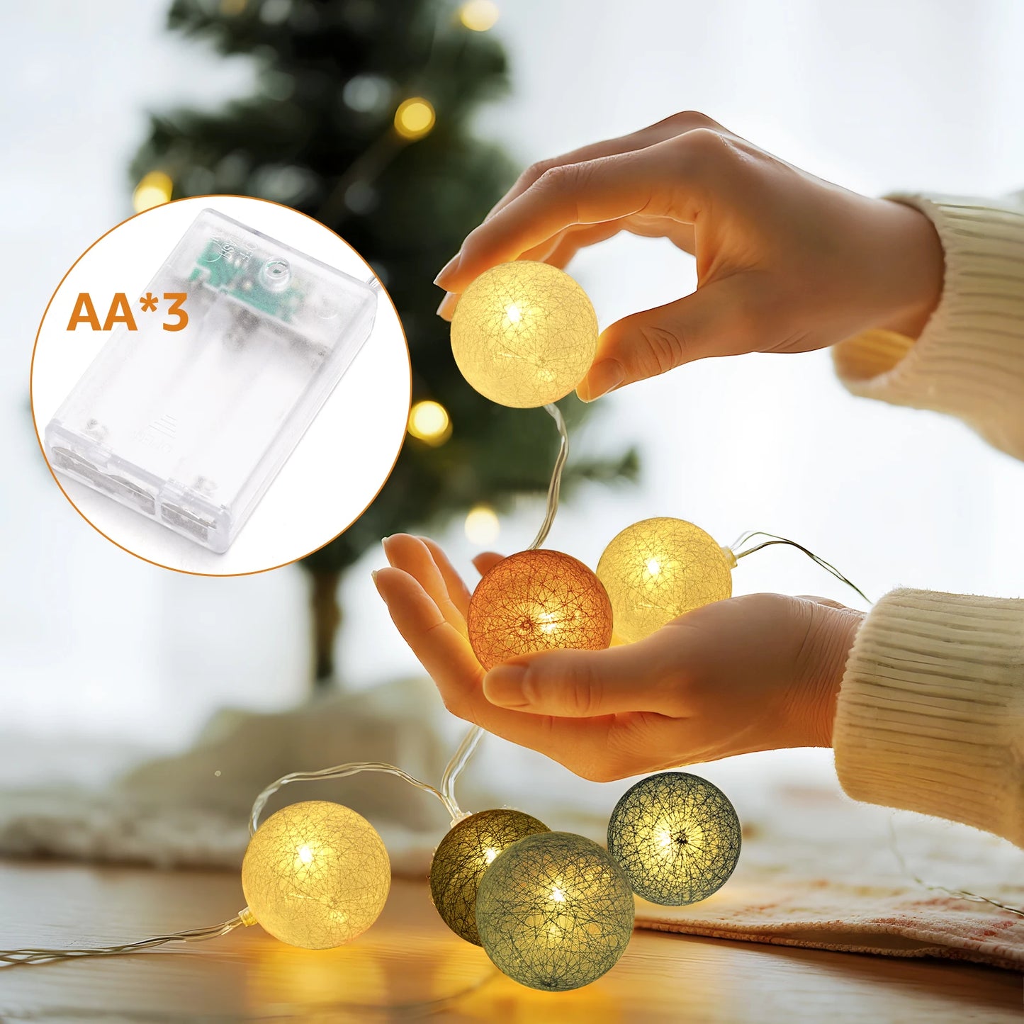 2.3m LED Cotton Ball String Lights – 10 Pastel Colors, Battery Operated Cozy Room Decor