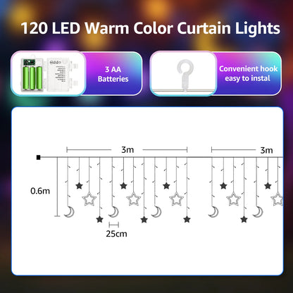 RGB Curtain String Lights with Stars & Moons – Remote Control 8 Modes, 3×3m Christmas Window Lights
