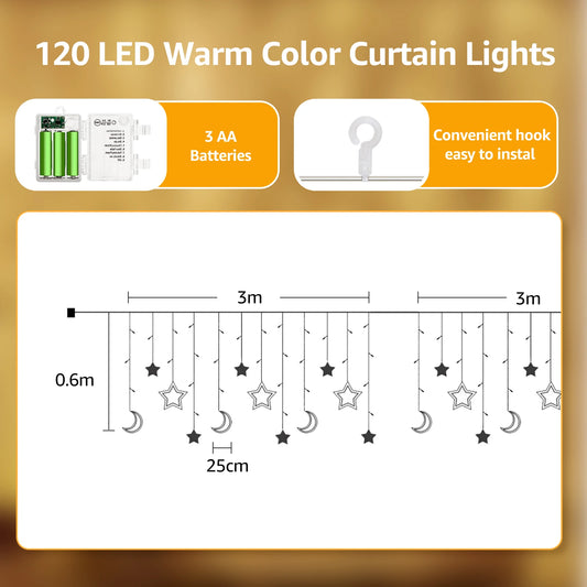 120 LED Star & Moon Curtain Lights – Soft White Fairy Lights for Bedroom, Party, or Holiday Decor