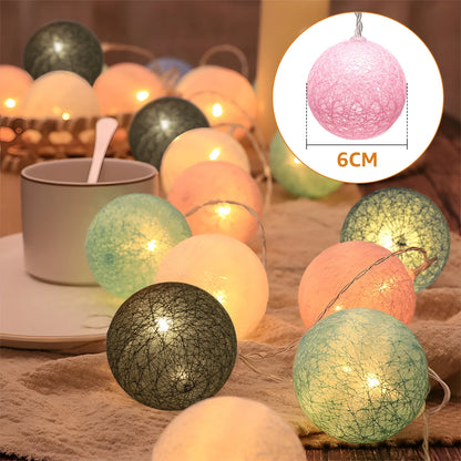 2.3m LED Cotton Ball String Lights – 10 Pastel Colors, Battery Operated Cozy Room Decor