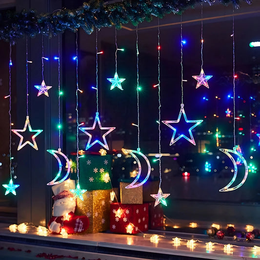 RGB Curtain String Lights with Stars & Moons – Remote Control 8 Modes, 3×3m Christmas Window Lights
