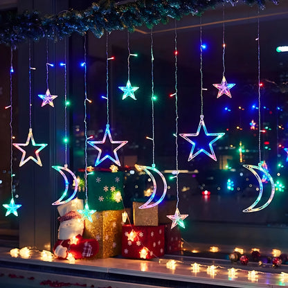 RGB Curtain String Lights with Stars & Moons – Remote Control 8 Modes, 3×3m Christmas Window Lights