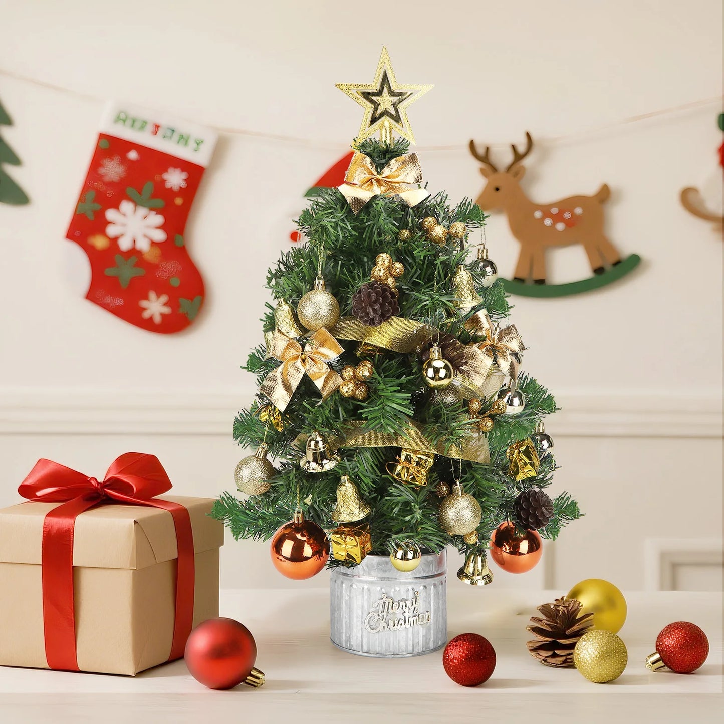 60cm Pre-Lit Mini Christmas Tree with 48 Hanging Ornaments – Ready to Decorate Tabletop Tree