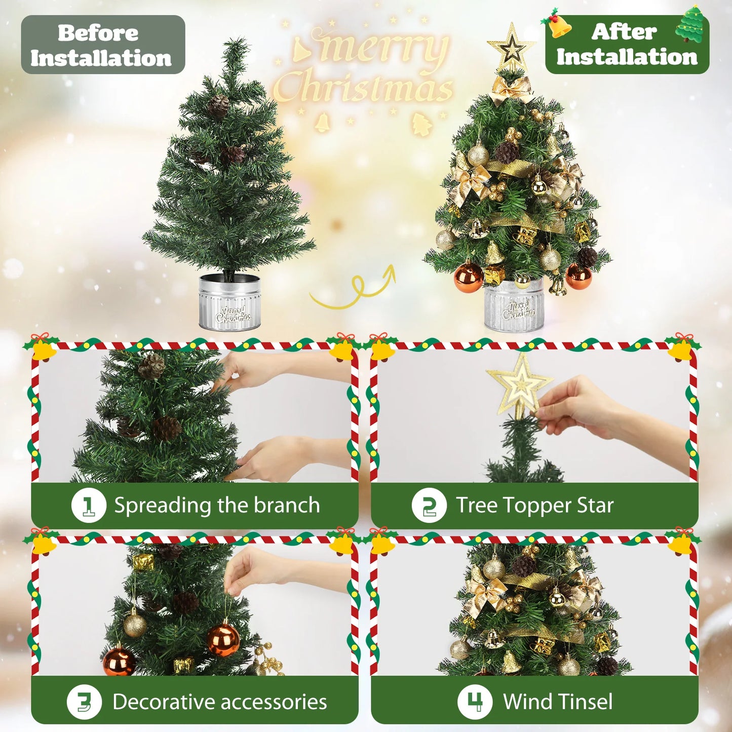 60cm Pre-Lit Mini Christmas Tree with 48 Hanging Ornaments – Ready to Decorate Tabletop Tree