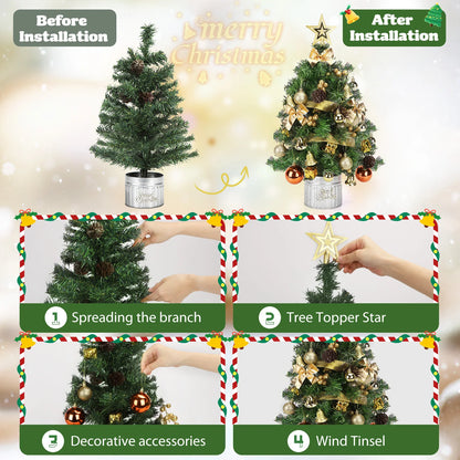 60cm Pre-Lit Mini Christmas Tree with 48 Hanging Ornaments – Ready to Decorate Tabletop Tree