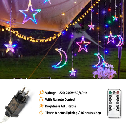 RGB Curtain String Lights with Stars & Moons – Remote Control 8 Modes, 3×3m Christmas Window Lights