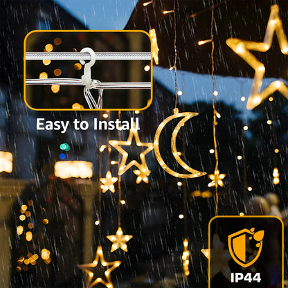 120 LED Star & Moon Curtain Lights – Soft White Fairy Lights for Bedroom, Party, or Holiday Decor